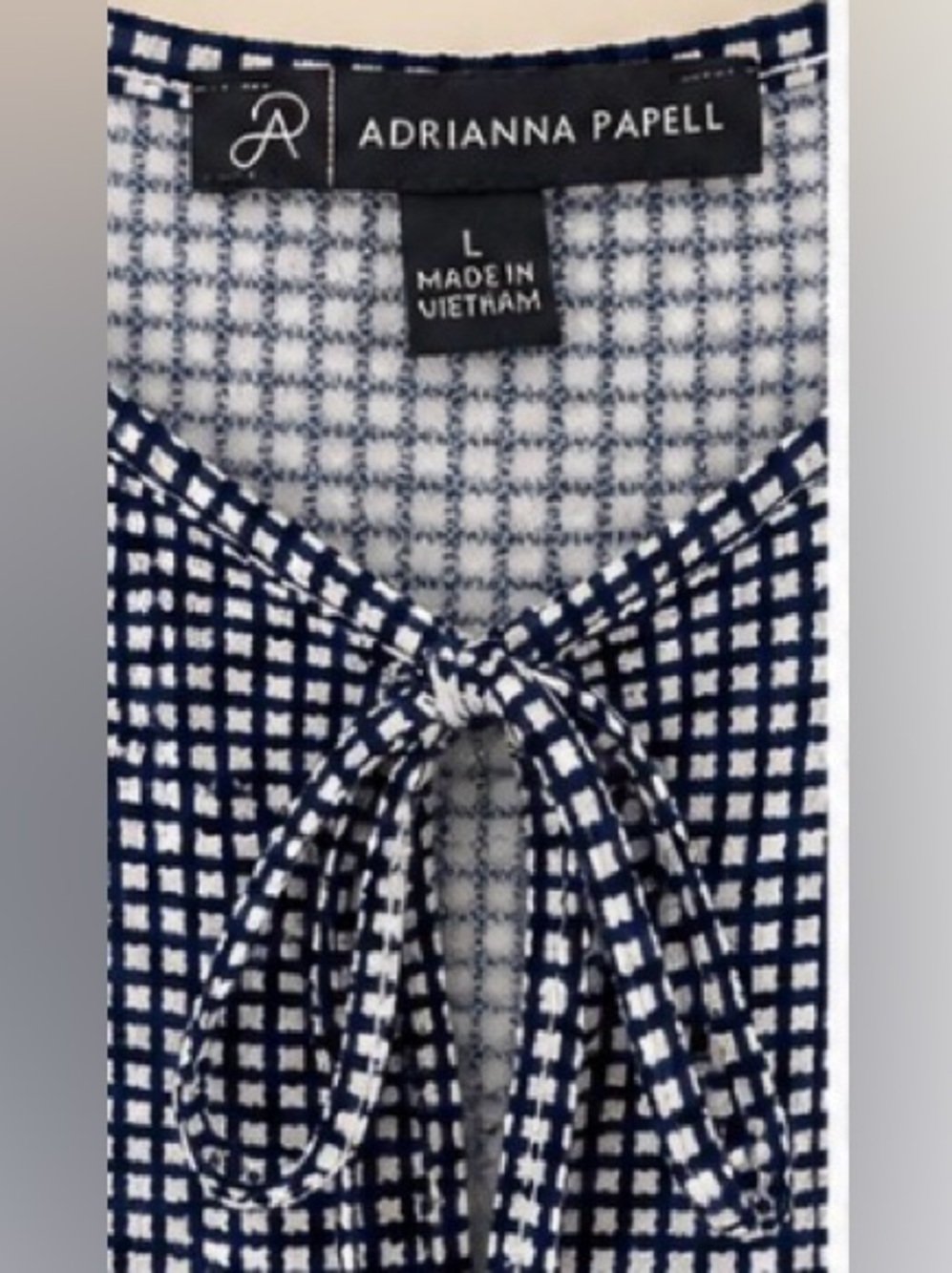 Adrianna Papell Navy Gingham Tie-Front Short Sleeve Blouse Sz L - Picture 4 of 8